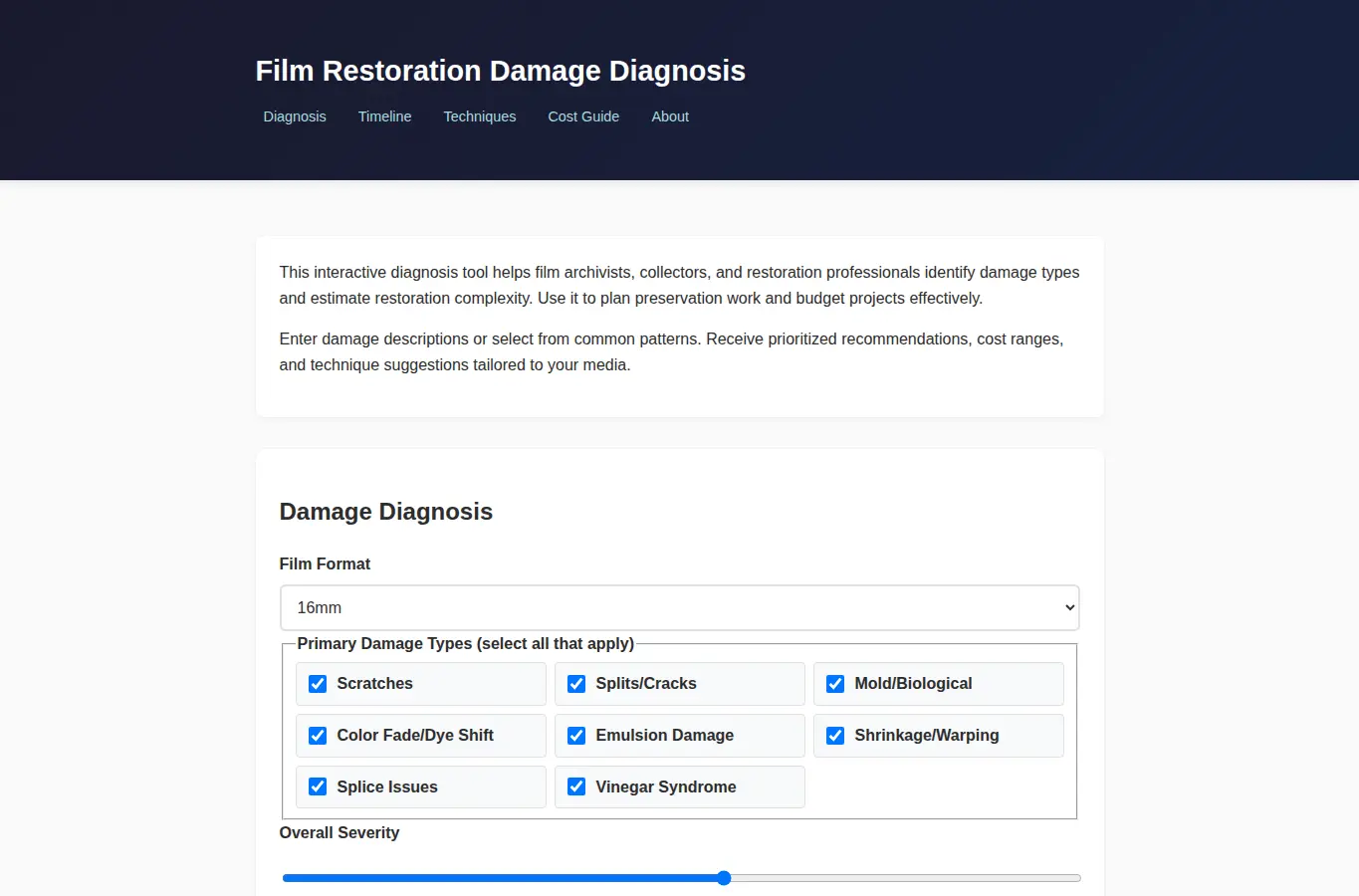 Screenshot of Film Restoration Damage Diagnosis interface showing the project page in use